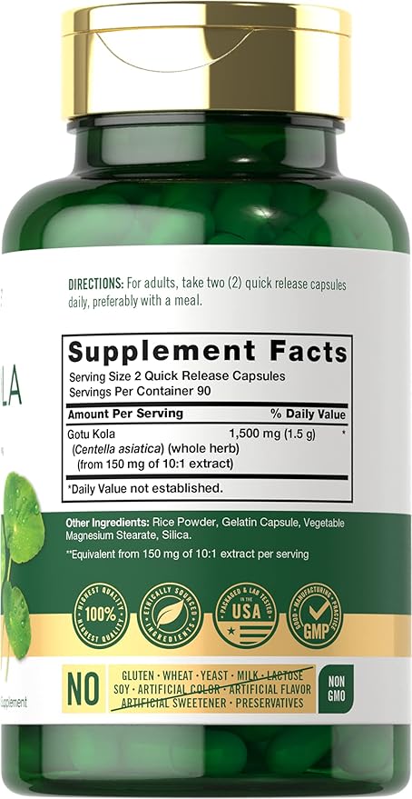 Cápsulas Gotu Kola de 1500 mg | 180 unidades | Sin OMG, sin gluten