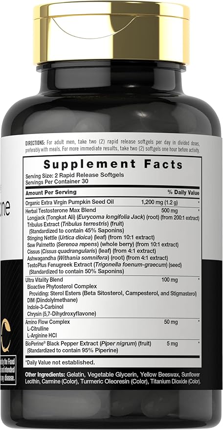 suplemento de testosterona para hombres | 60 cápsulas blandas | para el rendimiento masculino | Sin OMG y sin gluten